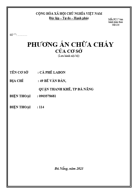 PHƯƠNG ÁN CHỮA CHÁY CỦA CƠ SỞ CÀ PHÊ LABON